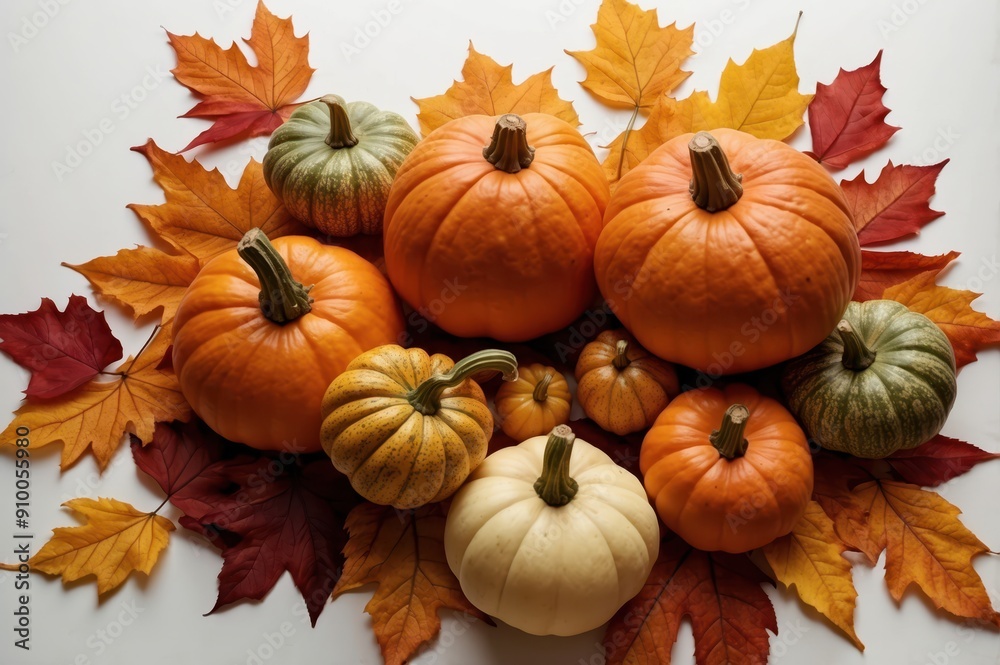 Wall mural flat lay autumn arrangement with pumpkins and leaves
