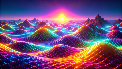 Vivid 3D landscape of glowing neon waves, a dance of vibrant colors illuminating the digital horizon.Abstract background