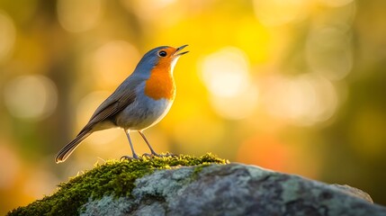 Fototapeta premium Robin perched on mossy rock, singing, vibrant orange breast, blue-gray wings, nature close-up, soft bokeh background, golden hour lighting, dappled shadows, ethereal glow.