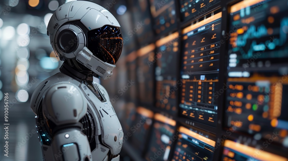 Poster futuristic robot analyzing complex data displays in high-tech control room