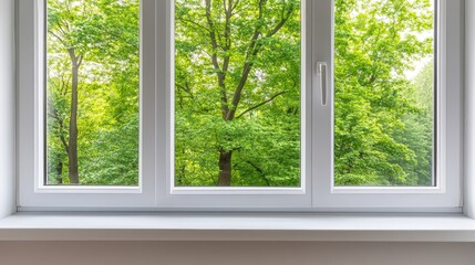 Naklejka premium A view of lush green trees from a modern white window, showcasing nature's beauty in a bright residential setting on a sunny day