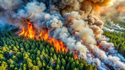 Fototapeta premium Aerial view of a forest fire, with billowing smoke and flames engulfing the trees, wildfire, forest, flames, smoke