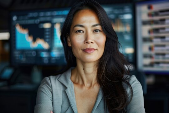 A professional woman dressed in a gray suit stands in front of multiple displays showing various data visualizations and graphs, indicative of her engagement in data projects.