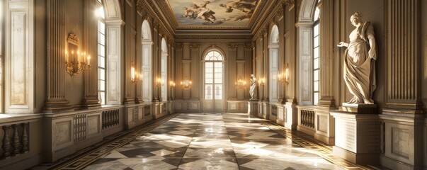 Fototapeta premium Grand Baroque Hall with Marble Floors, Sculptures, and Ornate Ceiling Frescoes Illuminated by Natural Light