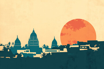 Obraz premium Risograph retro riso print travel poster, card, wallpaper or banner illustration, modern, isolated, clear, simple of Warangal, India. Artistic, screen printing, stencil