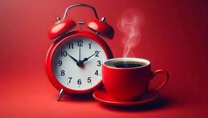 Alarm clock and coffee cup on red