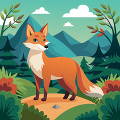 Cute fox standing in the forest on a sunny day