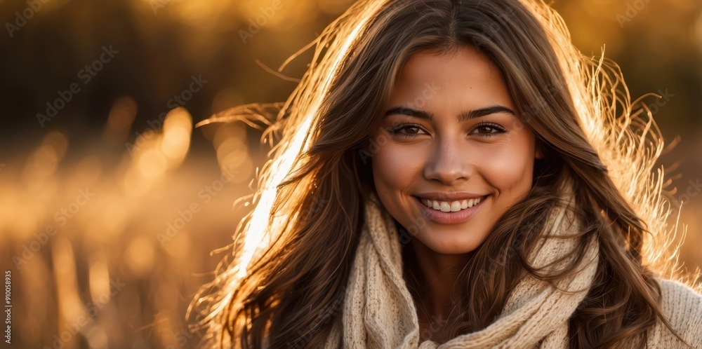 Wall mural young woman smiling in golden hour light
