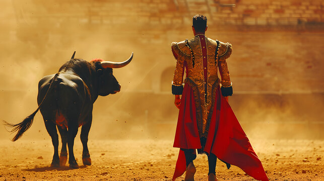 A matador stands poised in a bullfighting arena, facing a bull as dust rises in the warm sunset light. The scene captures the tension and tradition of this iconic Spanish cultural event.