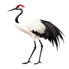 Obraz premium A large white and black bird with a red beak stands on a white background. The bird has a long neck and legs, and its feathers are spread out. Concept of freedom and grace