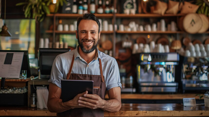 Fototapeta premium Young male cafe owner with a tablet.