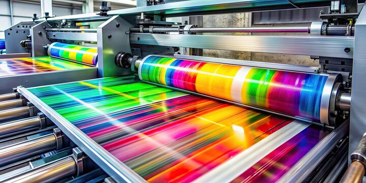Modern printing press in action producing vibrant multi colored printouts, printing press, machine, technology
