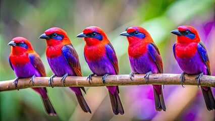 Obraz premium Vibrant purple and red birds perched on a branch , beautiful, colorful, exotic, plumage, feathered, wildlife, nature