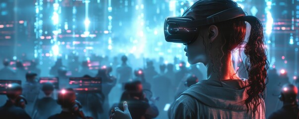 Woman Immersed in Virtual Reality at Futuristic Event with Neon Lights and Digital Crowd