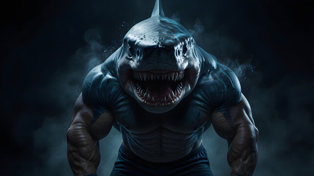 Big muscly angry shark fish masculine bodybuilder Dark blue smoky background