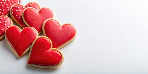 Red heart shaped Valentine's Day sugar cookies on a white background, valentine's day, love, romance, sweets