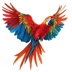 Fototapeta premium A colorful parrot is flying in the air with its wings spread wide. The bird's vibrant colors and graceful flight create a sense of freedom and joy