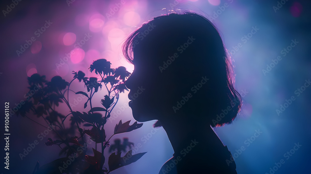 Canvas Prints Silhouette of a Woman with Flowers in Front of a Purple and Blue Background