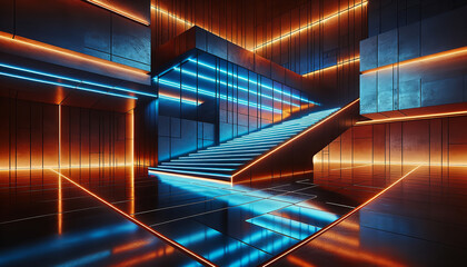 Obraz premium Utopian, minimalist staircase bathed in neon. Sleek, angular architecture. Dark, reflective floor. 