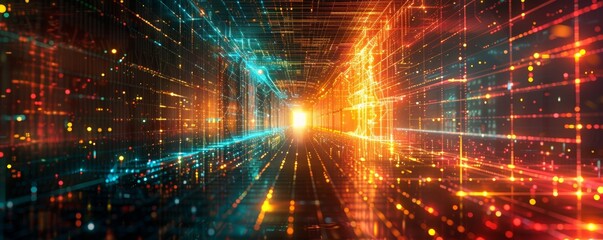 Obraz premium Futuristic Digital Data Stream with Vibrant Neon Lights and Dynamic Motion in a Virtual Cyber Space