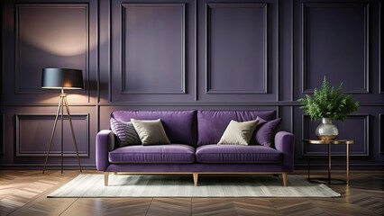 Dark living room with sofa and lamp in deep dusty purple mauve color with violet accent furniture and gray mockup wall