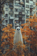 A cute sheet ghost floats in front of the apartment window, surrounded by autumn bushes and trees. for halloween