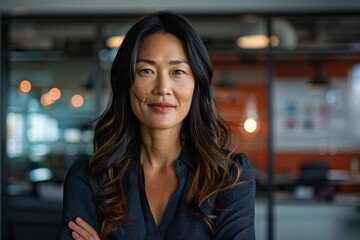 Obraz premium A confident woman with long, dark hair, dressed in a navy shirt, posed with arms crossed against a modern office backdrop with warm lighting and glass panels.