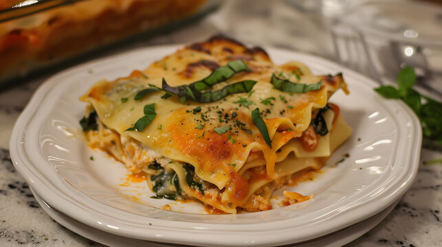 A close-up of a freshly baked lasagna slice served on a white plate, garnished with fresh basil and herbs. The golden cheese and rich layers of pasta and filling are visible, ready to enjoy.