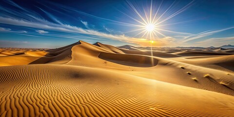 Naklejka premium Sand dunes glowing under the bright sunlight , desert, hot, arid, dry, sand, landscape, nature, outdoors, sunny, heat, shadows