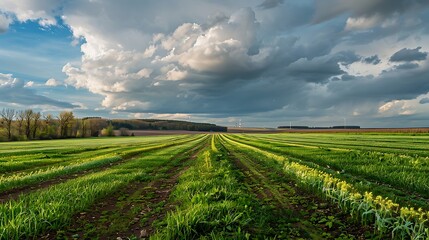 Green Field With Rows of Crops Under Cloudy Skies