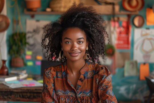 A happy woman with full curly hair sits contentedly in a vibrant and artistic studio setting, surrounded by creative tools, capturing the essence of positivity and creative expression.