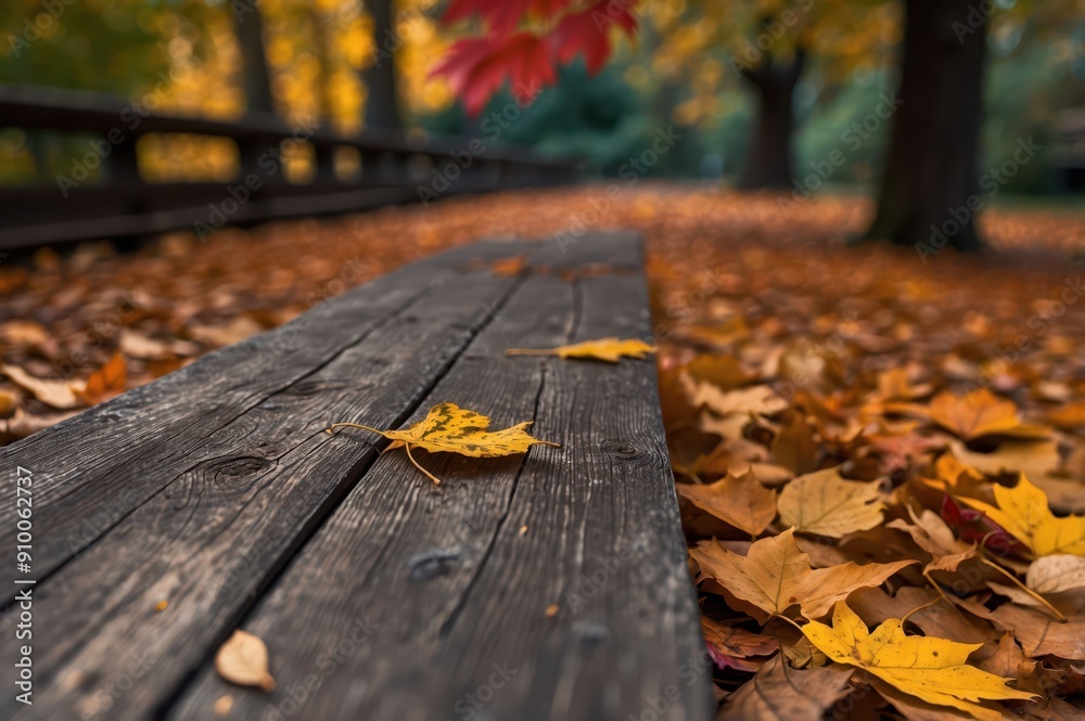 Poster autumn leaves on wooden pathway
