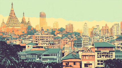 Risograph vibrant riso print travel poster, card, wallpaper or banner illustration, modern, isolated, clear, simple of Yangon, Myanmar. Artistic, screen printing, stencil