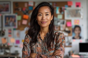 A professional woman wearing a patterned blouse smiles confidently in an organized office space with a focus on creativity and productivity, suitable for work-related themes.