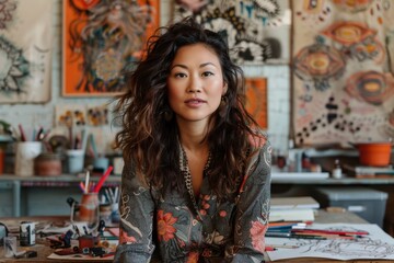 Fototapeta premium A creative woman sits confidently in her studio, surrounded by vibrant artistic elements and decorations, embodying inspiration and creativity, perfect for artistic-themed images.