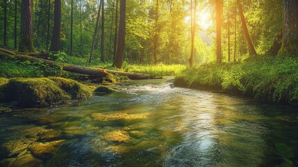Obraz premium Golden Hour Serenity: A tranquil river meanders through a lush, sun-drenched forest, bathed in the warm glow of the setting sun. 