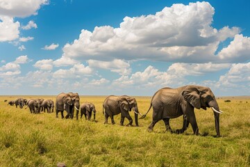 Elephants move as a united group across the broad grasslands, with the setting sun casting a warm glow. The aerial shot captures their majestic grandeur in the wild.