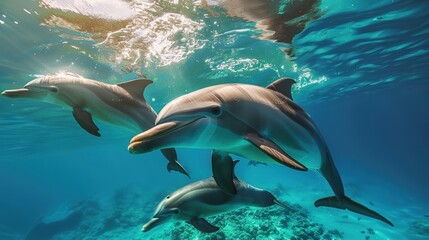 Obraz premium Dolphins swimming gracefully underwater, their sleek bodies gliding through the clear blue ocean. The sunlight filtering through the water enhances the beauty of this aquatic scene.