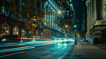 Nighttime City Street with Light Trails and Historic Buildings in Urban Setting