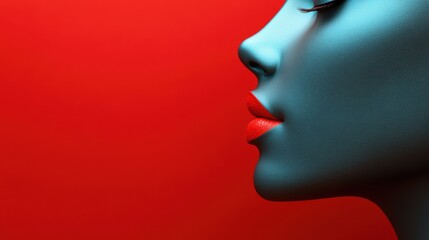 Vivid blue skin woman with red lips on red background
