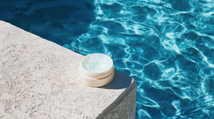 Obraz premium Sunscreen cream jar the poolside for skin protection