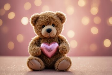 teddy bear holding pink heart on fluffy surface
