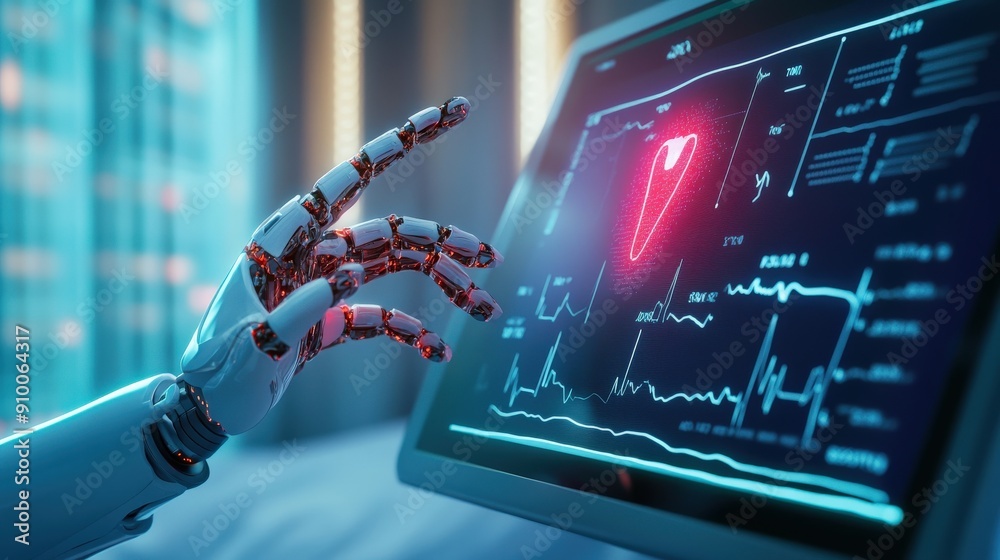 Poster a robot is touching a computer screen with a red heart on it. the robot is designed to be a medical 