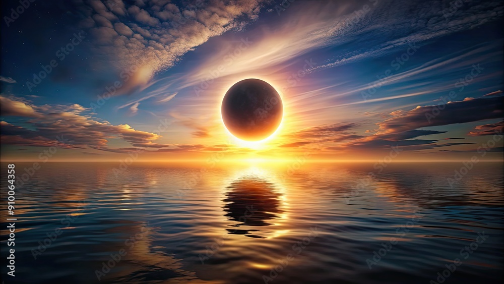 Poster Solar eclipse above the water, solar, eclipse,water, reflection, sky, sunlight, nature, phenomenon, celestial, moon, sun, shadows