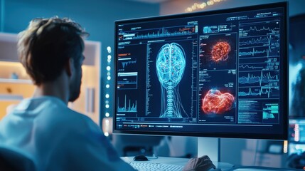 A man is looking at a computer monitor that displays a brain scan