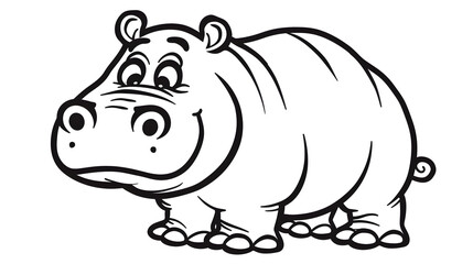 Obraz premium A charming black-and-white drawing of a friendly hippo, perfect for children's coloring activities. Ideal for young artists and animal-themed projects. Ready to be colored with creativity!