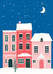 Fototapeta premium Cute european houses, Christmas eve scene, winter snowy night illustration