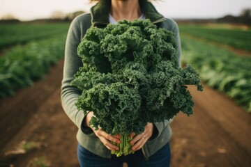 Portrait of woman holding box of kale on farm  - Powered by Adobe