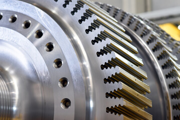 production of modern gas turbines in an industrial plant - closeup of the turbine made of steel