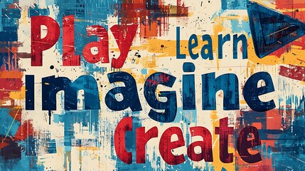 A vibrant artwork featuring motivational words to inspire creativity and learning through play and imagination.